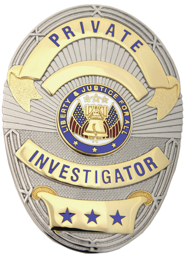 First Class Private Investigator Gold on Silver Shield Badge