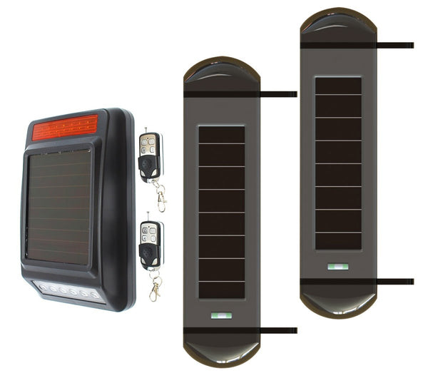 Solar Powered Wireless Infrared 3-Beam Motion Detectors & Solar Powered Wireless Siren & Flashing Strobe Light & Remote Controls