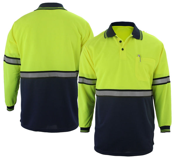 First Class Two Tone Long Sleeve Polo Shirt with Reflective Stripes