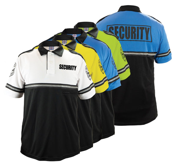 First Class Security and Patch Two Tone Bike Patrol Polo Shirt with Zipper Pocket and Reflective Hash Stripes