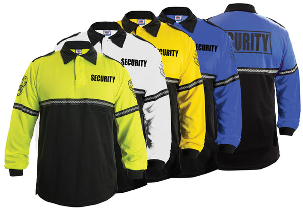 First Class Long Sleeve Security and Patch Two Tone Bike Patrol Polo Shirt with Zipper Pocket and Reflective Hash Stripes