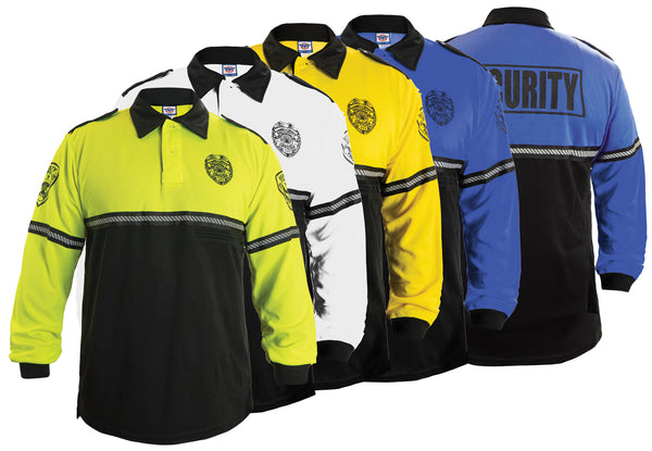 First Class Long Sleeve Security Badge and Patch Two Tone Bike Patrol Polo Shirt with Zipper Pocket and Reflective Hash Stripes