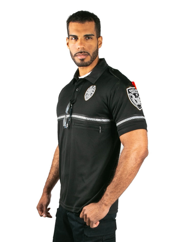 First Class Security Badge and Patch Bike Patrol Polo Shirt with Zipper Pocket and Reflective Hash Stripes