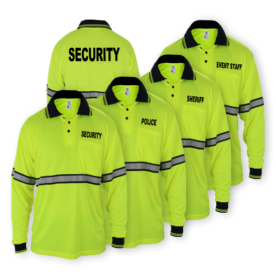Polyester Long Sleeve Polo Shirts w/Reflective Stripes Lime Green W/ Dark Navy