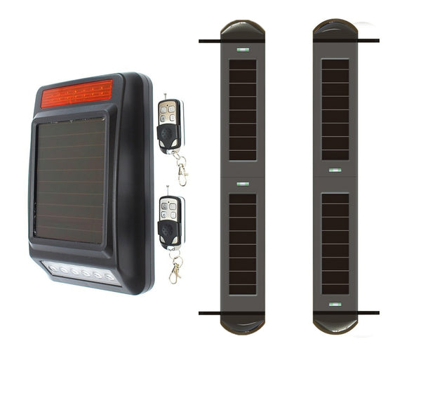 Solar Powered Wireless Infrared 4-Beam Motion Detectors & Solar Powered Wireless Siren & Flashing Strobe Light & Remote Controls
