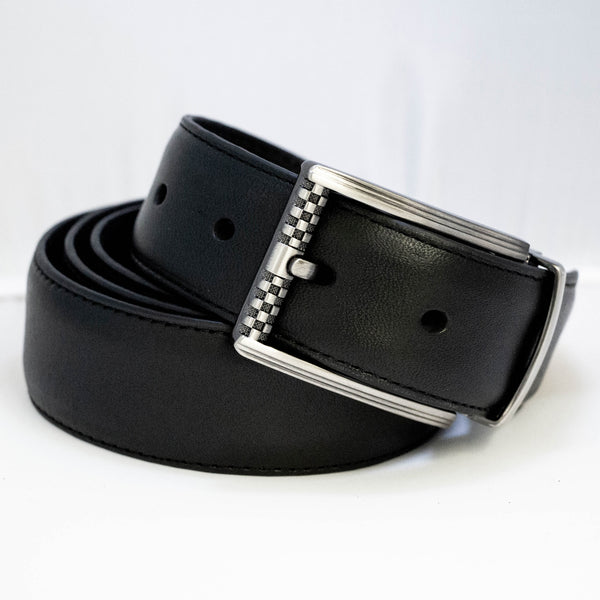 EZ Adjust Men's Leather Belt with Brushed Gunmetal Checkered Buckle