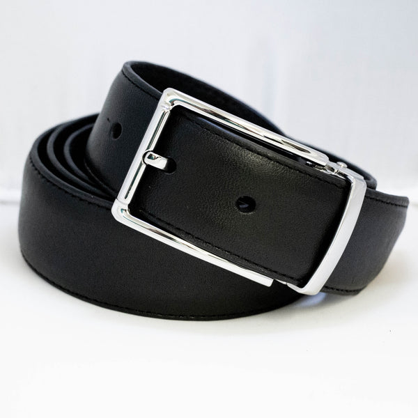 EZ Adjust Men's Leather Belt with Gloss Silver Square Buckle