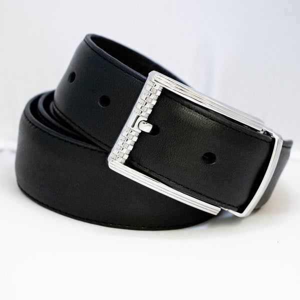 EZ Adjust Men's Leather Belt with Silver Checkered Pattern Buckle