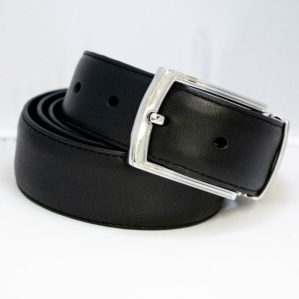 EZ Adjust Men's Leather Belt with Silver Outline Pattern Buckle