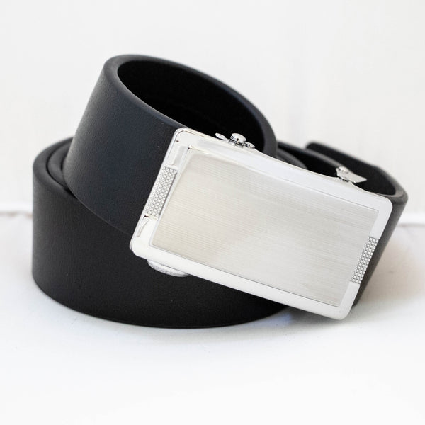 EZ Click Men's Leather Belt with Brushed Silver Side Pattern Buckle