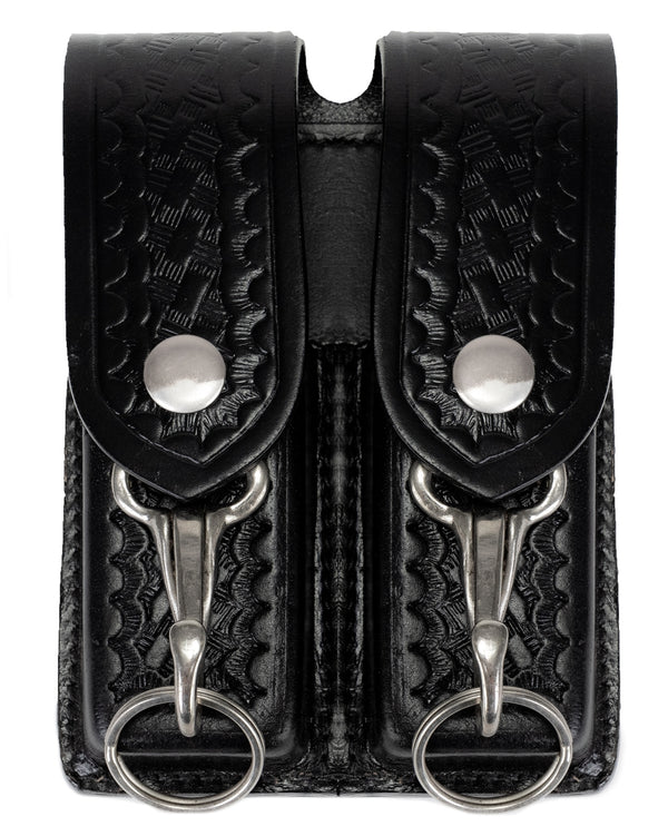 Leather Basket Weave Double Magazine Holder with Snaps and Keychains